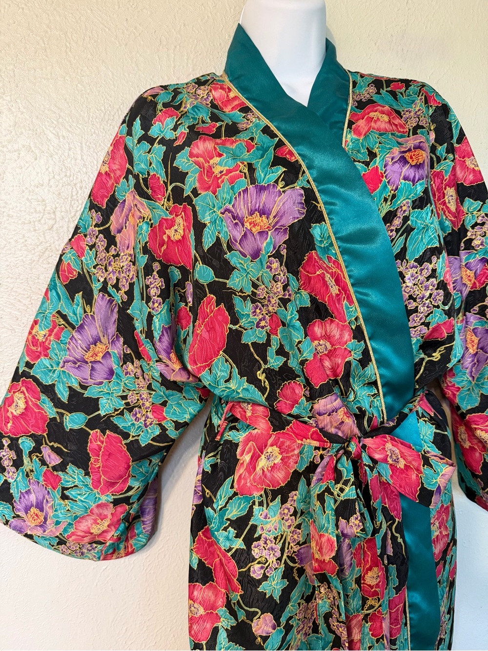 Vintage Interludes by Cira Oriental Floral Poppies Satin Dressing Gown Robe Sz M - Picture 5 of 12